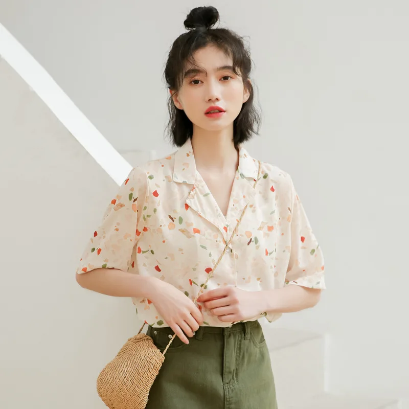 Chiffon Druck Hemd frauen Sommer Lose Dünne Kurzarm Shirts Bluse Mädchen Neue Koreanische Französisch Retro Freizeit Tops Tragen h9157