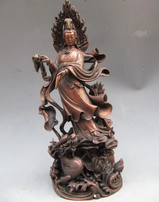 Free Shipping 42cm Tibet Buddhism Temple Pure Bronze Kwan-Yin Guan Yin Bodhisattva Ride on Dragon