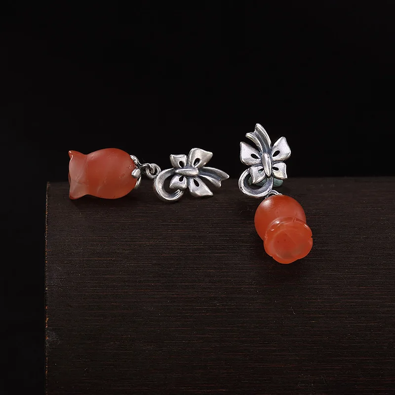 S925 sterling silver inlaid with South Red Agate personality boll orchid retro butterfly lady eardrop earpin Earrings