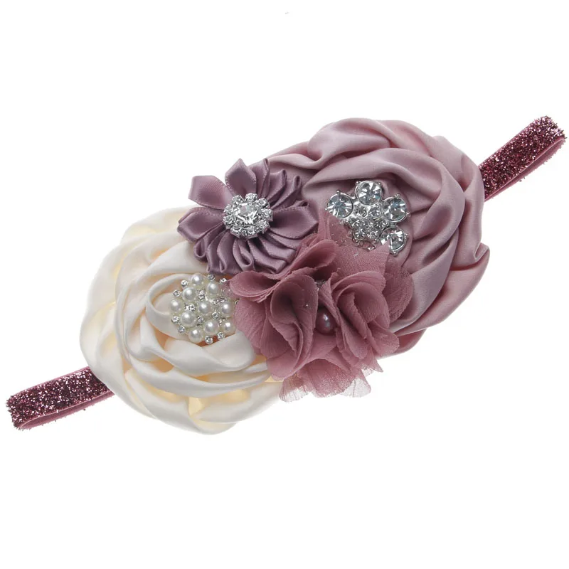 Vintage Princess Baby Girls Satin Rose Flower Shining Button Headband Gift Party Kids Floral Headwear Children Hair Bow Hairpin