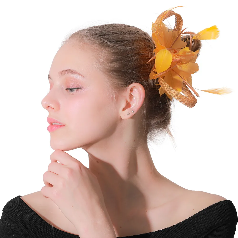 Sinamay Gold Hair Headwear Hair Clips Headwear Women Ladies Fascinators Weeding Party Tea Hats Church Cocktail Feathers Headwear