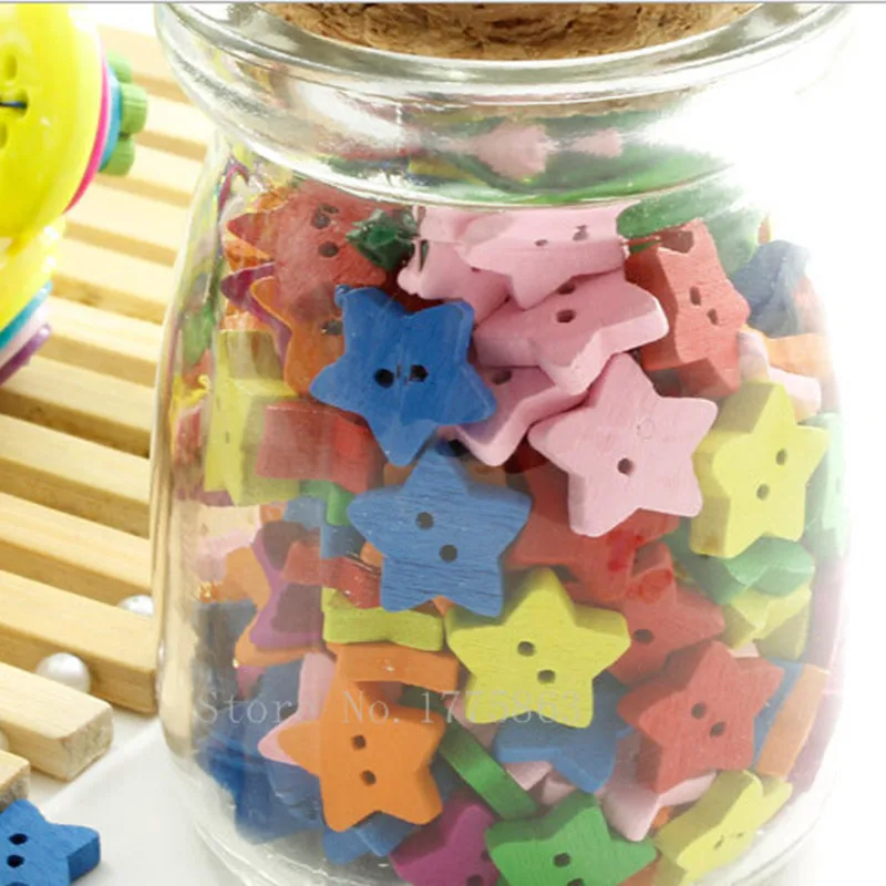 100 Pcs 13mm  Cute Star Sewing Wooden Buttons ,2 Holes,  for Kids, Scrapbooking Crafts , 7NK16