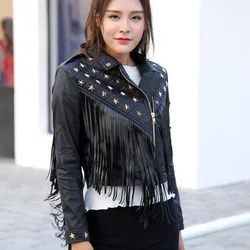 Fashion Women Short Slim Pu Leather Jackets Winter New Motorcycle Tassel Faux Leather Jacket Pentagram Lapel Zipper Coats