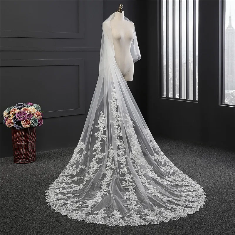 2025 Bride veil lace edge handwork embroidery New churches long tail with cover face wedding veil Hochzeits Schleier
