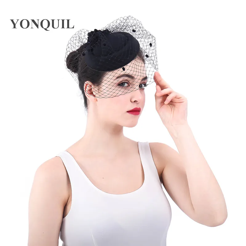 Ladies Fascinator Flower Hairclip Beret Hair Woolen Felt Pillbox Hat Veil Cocktail Party Vintage Mesh Hairgrips Wedding Hairband