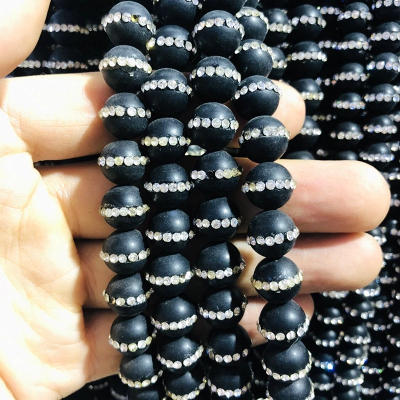 

Natural Matte Black Agate Onyx Bead With Water Crystal,10MM Round Gem Stone Loose Beads CZ Zircon Crystal Inlay,1str 37 beads