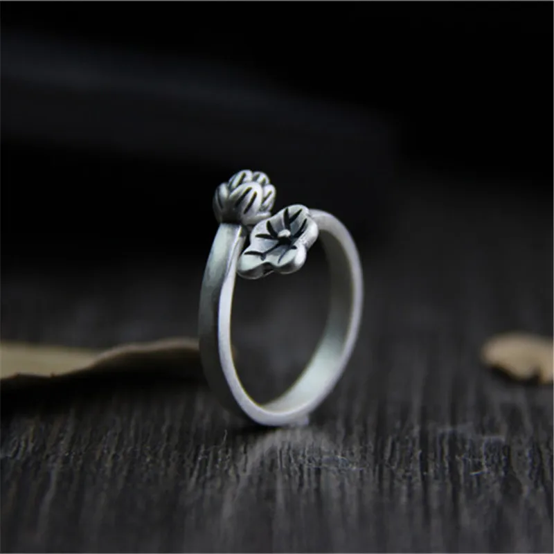 Genuine 925 Sterling Silver Female Vintage Open Rings Lotus Leaf Design Fashion Jewelry For Women Opening Adjustable Ring