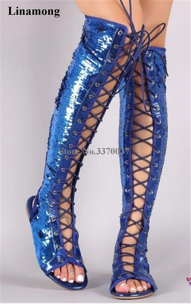 Women Shining Peep Toe Lace-up Bling Sequined Knee High Flat Gladiator Boots Cut-out Blue Gold Silver Black Long Boots