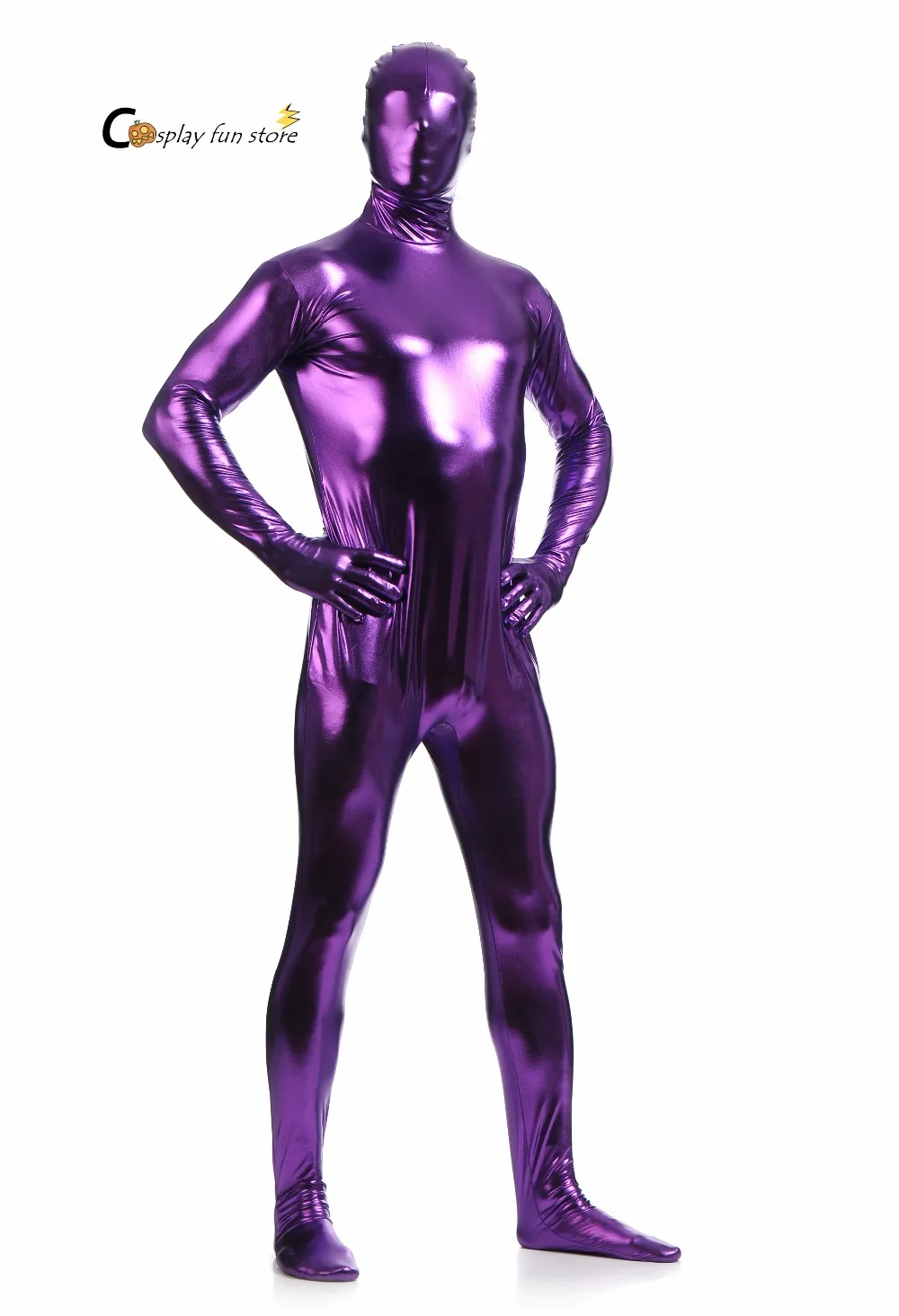 Tuta di spedizione gratuita metallic Shiny Purple Mens Unitard Catsuits cerniera con piedi metallici Zentai body può essere personalizzato