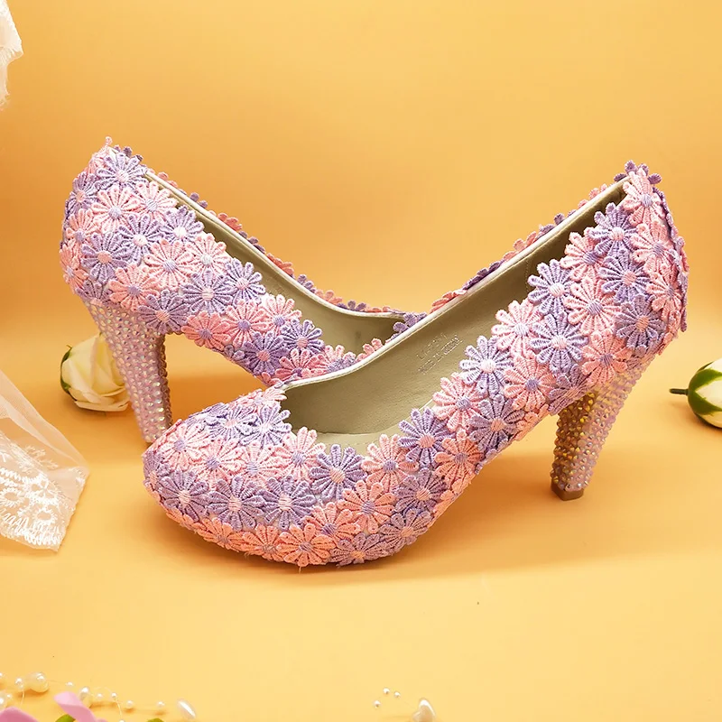 2019 New Arrival Womens wedding shoes Bride Pink/lilac Flower shoes woman Crystal heel party Pumps 10cm thin heel