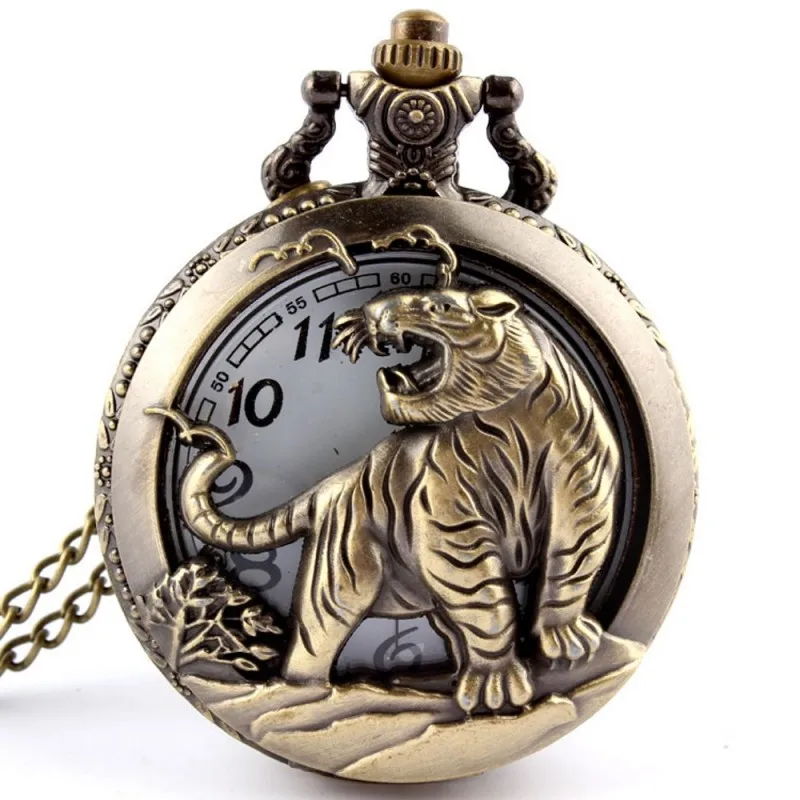 Bronze Chinese Zodiac Quartz Pocket Watch Necklace Dog Pooch Tiger Horse Cow Mouse Rabbit Watch Mens Retro Pendant With Chain