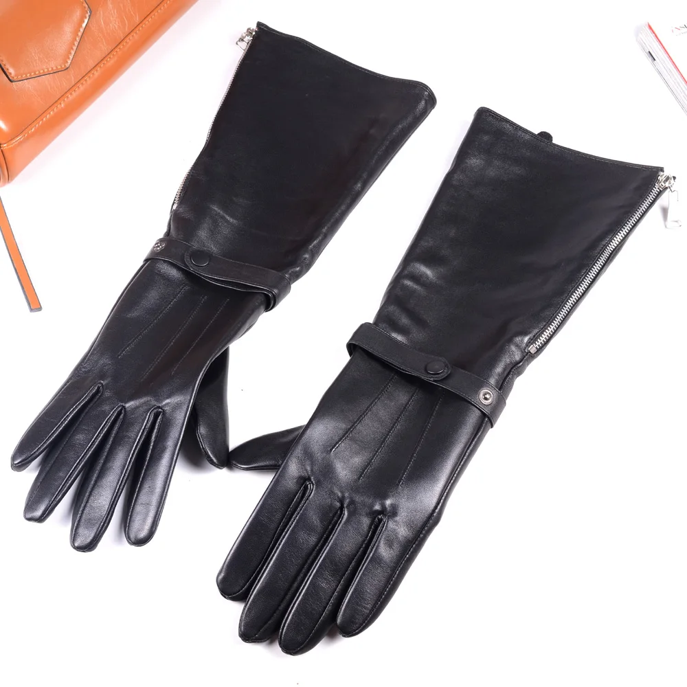 40cm männer Schwarz Schaffell Echt Leder Medieval Renaissance Lange Stulpe Zipper Ritter Gauntlet Ellenbogen Lange Handschuhe