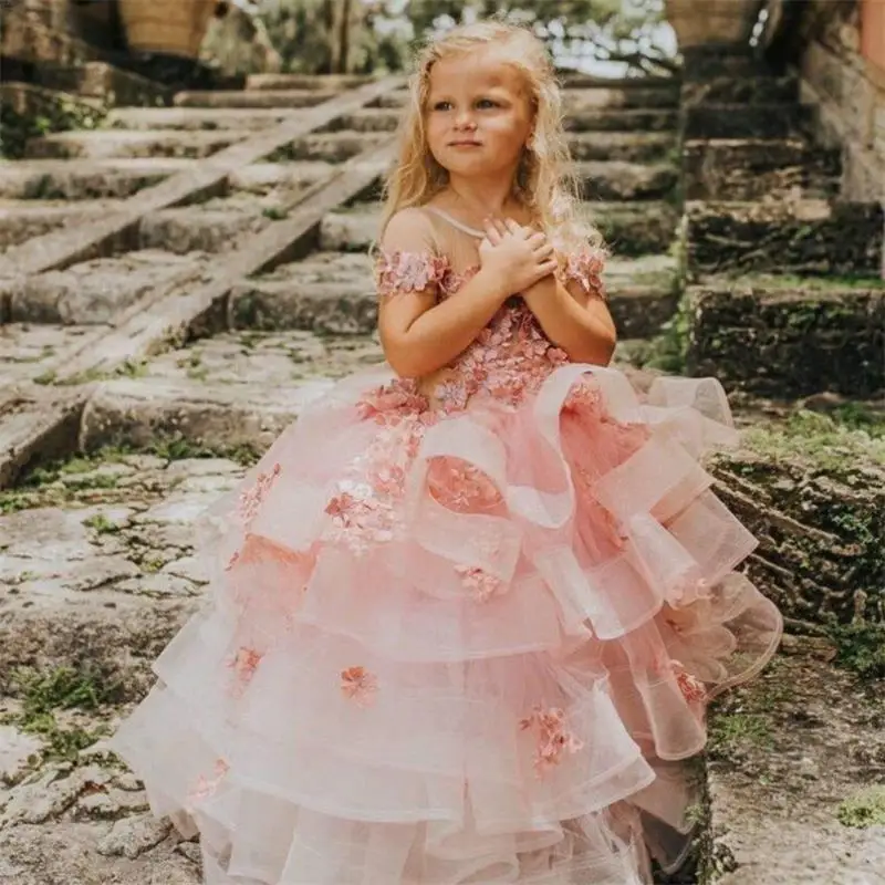 Robes à fleurs sur mesure pour filles, à volants à plusieurs niveaux, manches courtes, avec des Appliques en dentelle, robe de Communion, 2019