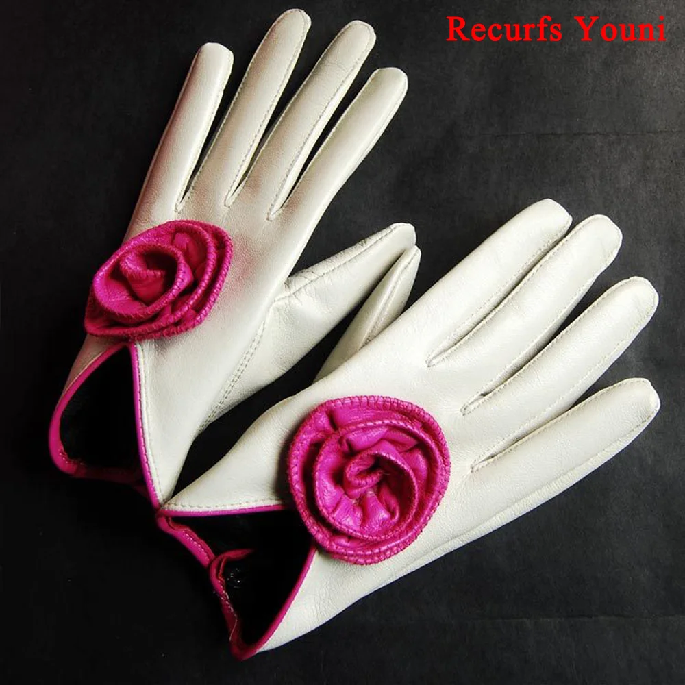 NEW Fashion Female Winter Korean Style Sweety Genuine Leather Gloves Women Charming Flowers Cute White Performance Suede Luvas