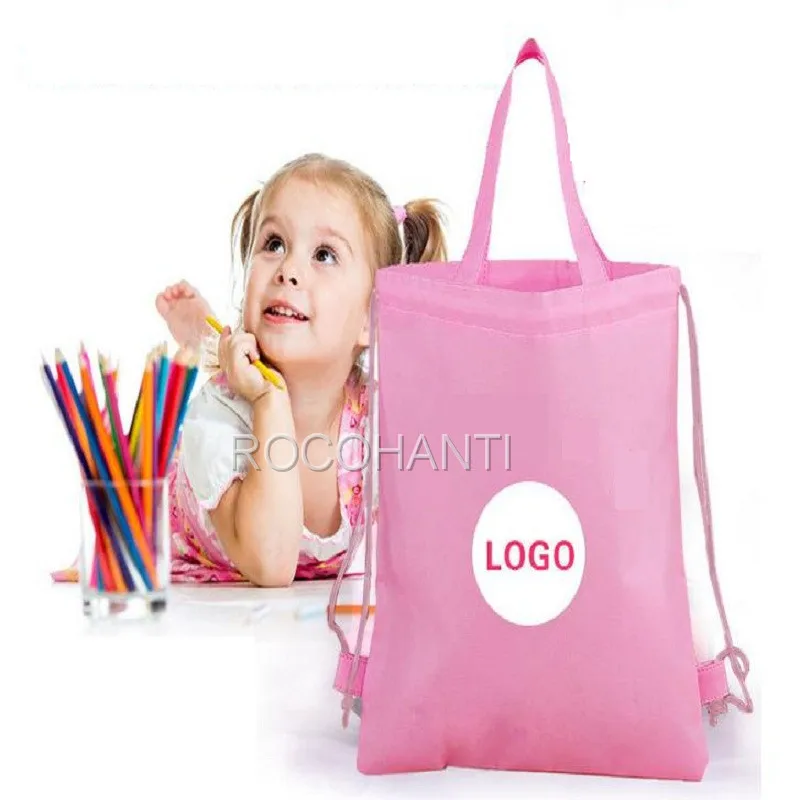 100x Non woven Drawstring Bag Kids Shoulder Schoolbag Eco-friendly Custom LOGO Boy & Girls Backpack Tote Gift Bags for School