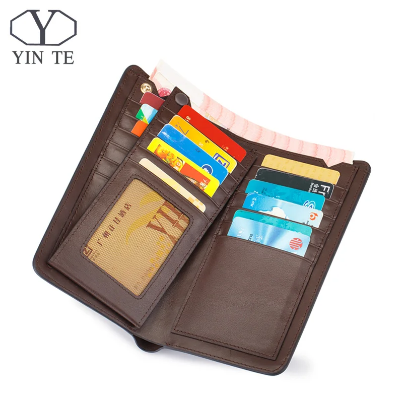 

YINTE New Men Long Wallets Brown Business Wallet Mens No Brand Leather Card Wallet Purses Portfolio T608A