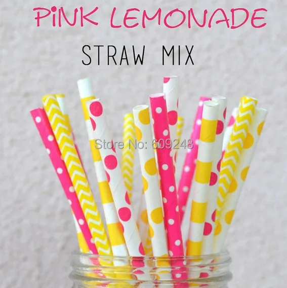 125 Pcs Mixed Colors Pink Lemonade Pink and Yellow Paper Straws,Yellow Rugby Chevron,Yellow Dots,Hot Pink Tiny Dot,Hot Pink Dots