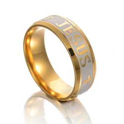 MANGOPIE High quality large size 8mm 316 Titanium Steel gold plated jesus cross Letter bible wedding band ring men women