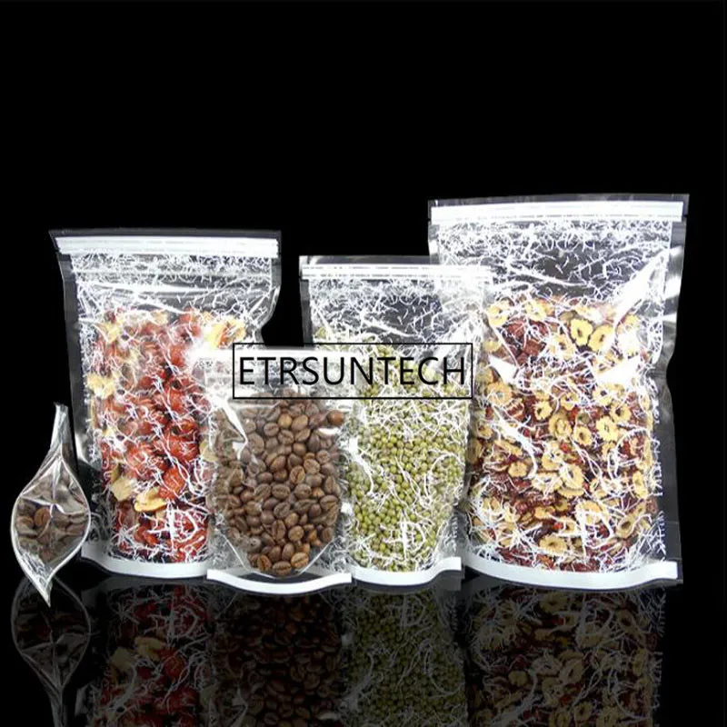 Plastic Stand Up Pouch White Flower Printed Bags with Front Clear Zipper Reusable Food Packaging Sachet 1000pcs