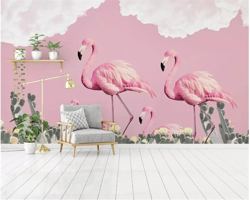 

Beibehang Custom wallpaper Nordic simple small fresh flamingo cactus romantic mural decorative painting 3d wallpaper tapety