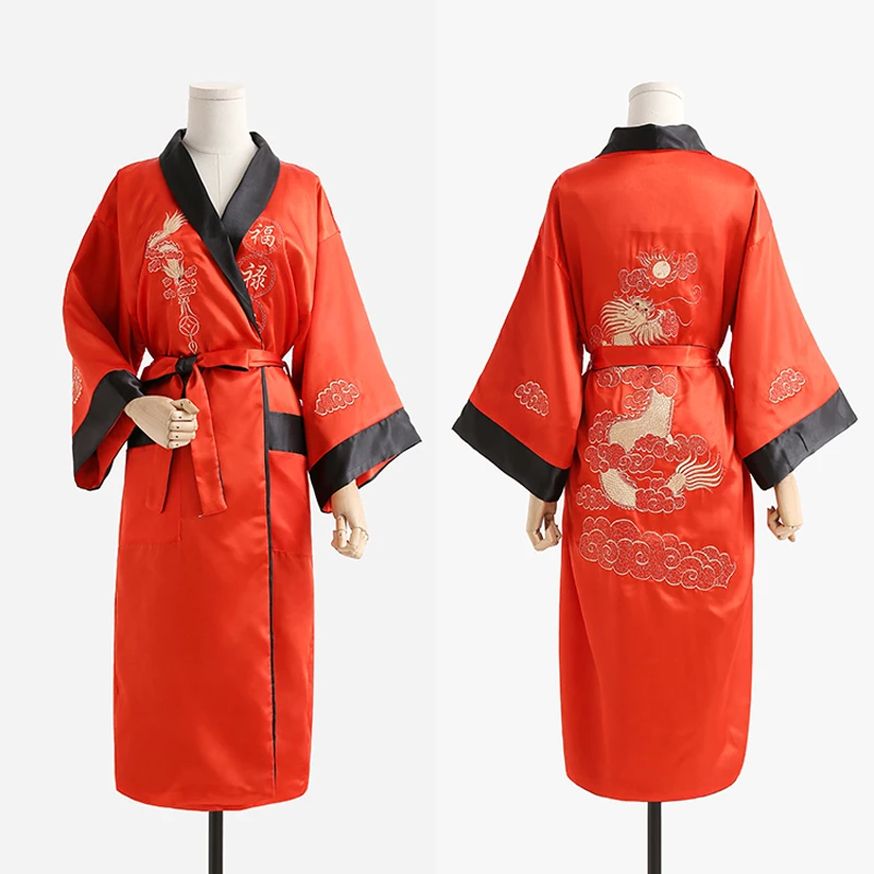 Novidade reversível preto vermelho feminino kimono yukata cetim bordado dragão camisola um tamanho robe vestido dois lado pijamas