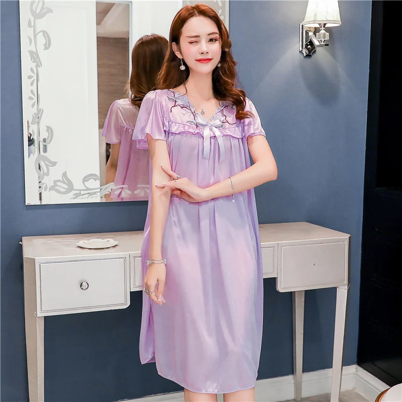 Summer Women Nightgown New Short-sleeved V-neck Sexy Ice Silk Nightdress Loose Large Size Simulation Silk Nightgown Home Service