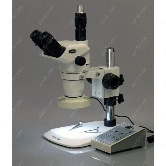 Microscopio stereo trinoculare con zoom serie AmScope ZM-1 3.35X-225X su supporto per pilastro + luce 80-LED + fotocamera digitale da 9 MP