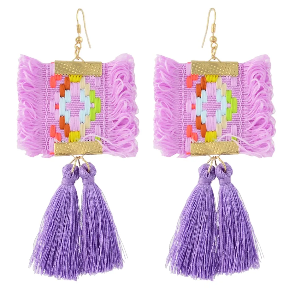 Boucles d'oreilles pendantes ethniques bohèmes pour femmes, boucles d'oreilles pendantes, long pompon, fil de fleur, design géométrique, accessoires