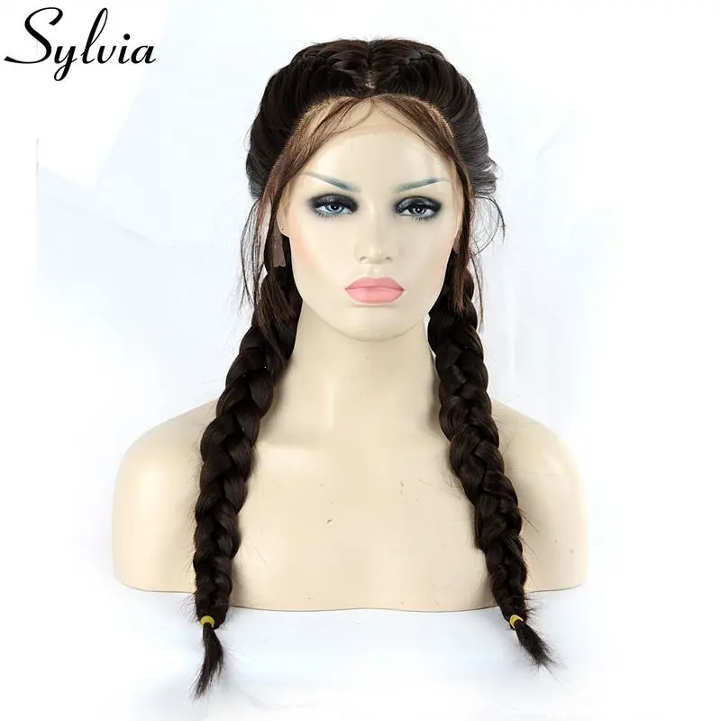 

Sylvia Natural Hairline Brown Ponytail Synthetic Lace Front Wig With Baby Hair Double Braids Heat Resistant Fiber Middle Part