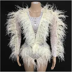 Bodysuit Women's Birthday Celebrate Nightclub Singer Dance Show Spandex Oufit Bright Silver Rhinestones Pearls Feather Fringes