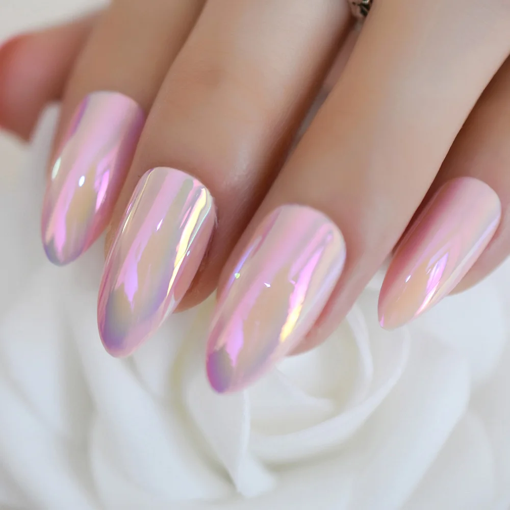 Light Pink Almond Holographic Nail Art Medium Mirror Popular Adhesive Tape New Nail Tips Shiny Mirror 24 pieces