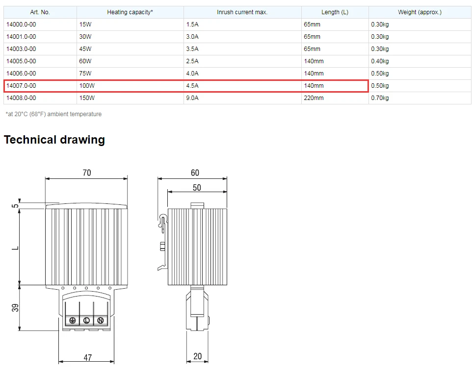 HG140 100W 15W Industrial Cabinet Heater 35mm Din Rail Type Fan Heater PTC Sermiconductor Heater Work with Thermostat