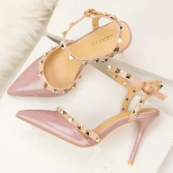 2024 Summer Classic Shallow Rivet Women's Sandals Ankle Buckle High Heels Shoes Fashion Women Pumps Party Sandals Patent Leather