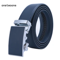 Mens High Quality Genuine Leather Belt-Ratchet Automatic Buckle Men Belt Popular Business Blue Luxury Mens Belts 3.0 cm Width