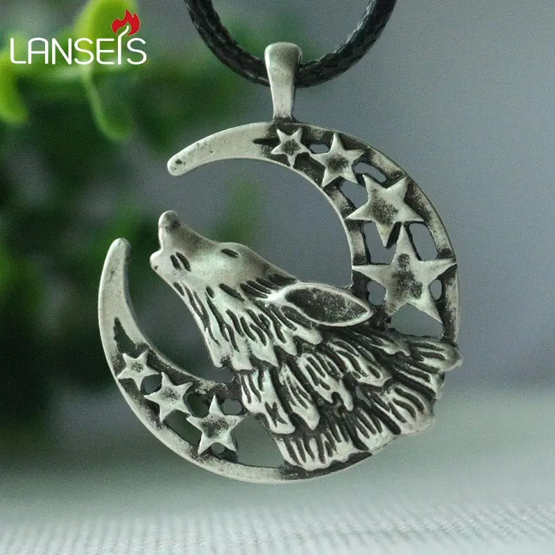 1pcs Celestial Howling Wolf Moon Cord Necklace, Unisex Wolf  pendant men necklace