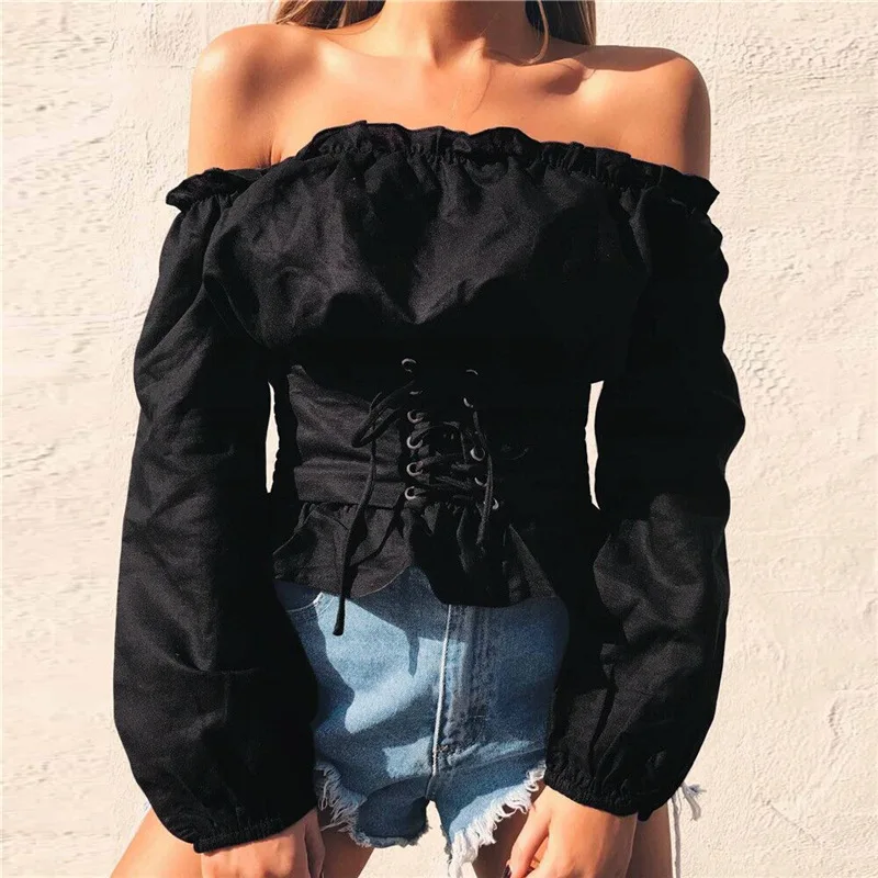 Autumn Sexy off shoulder ruffle long sleeve blouse waistband shirt tops Elegant women blouses Female Casual sashes blusas