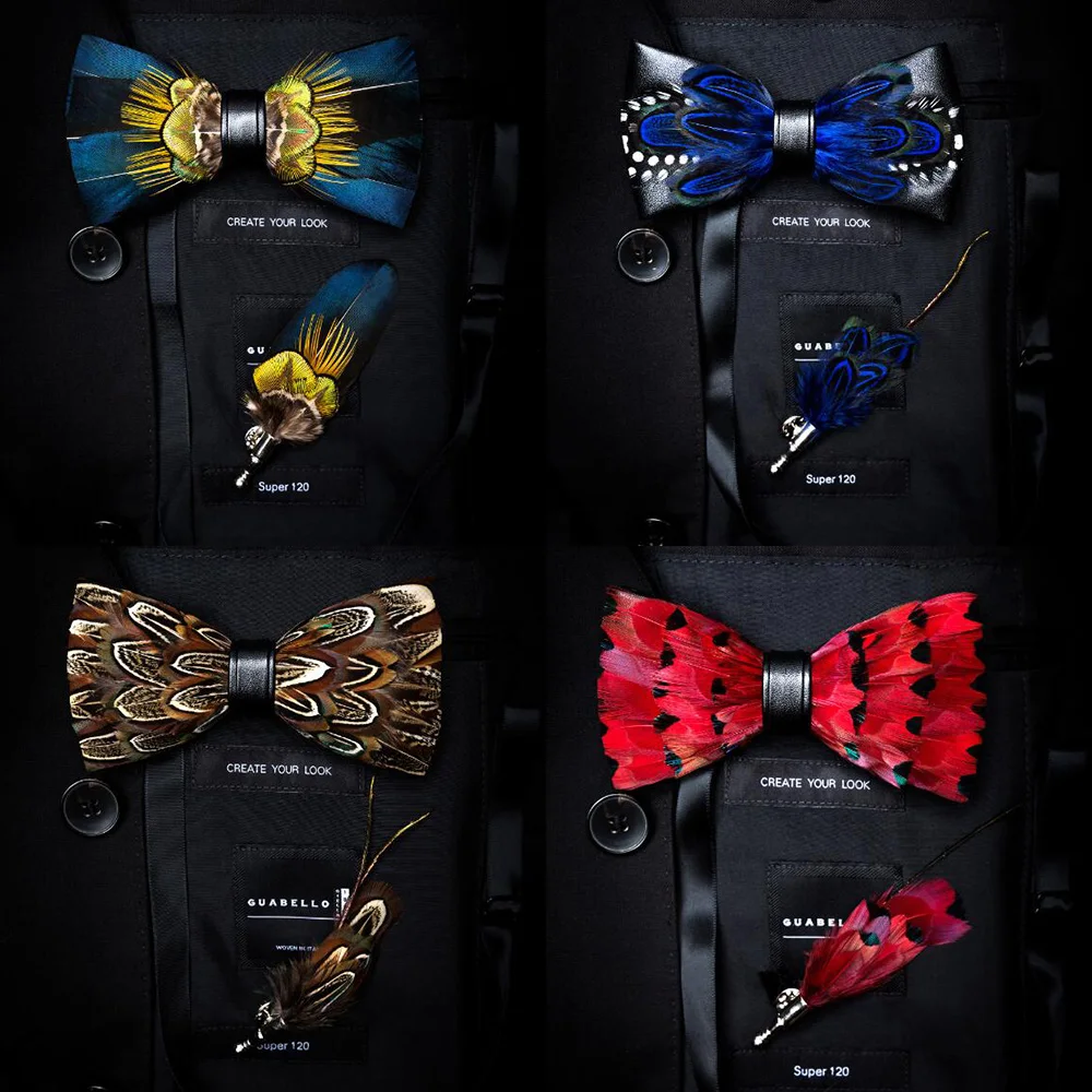 Ricnais Kwaliteit Mens Natuurlijke Veren en Lederen Strikje Handgemaakte Pre-gebonden Bowtie en broche set Geschenkdoos Pak wedding Party