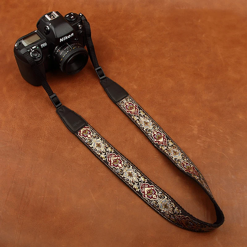 Cam8411 embroidered camera strap, soft cotton digital camera neck strap leather lanyard adjustable length