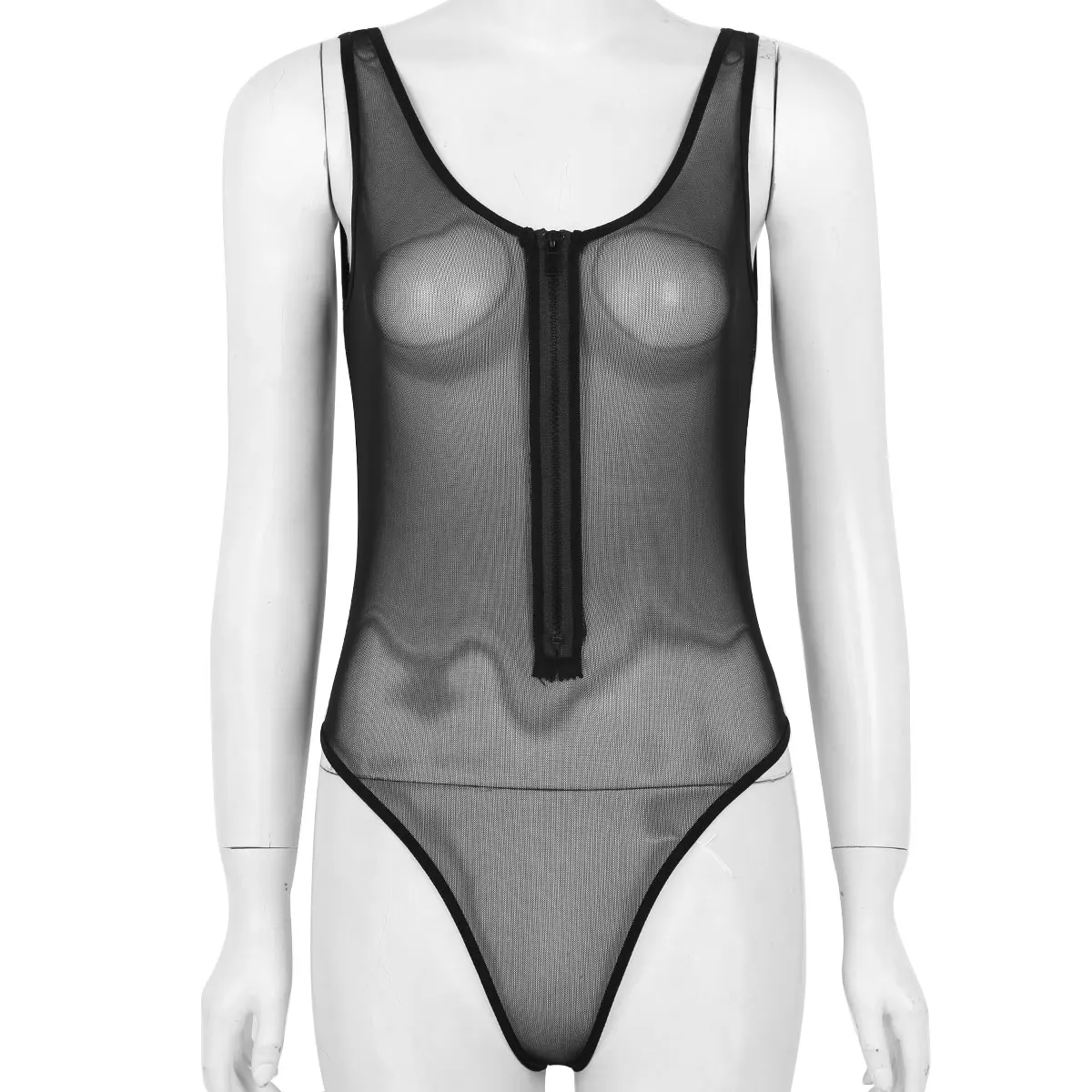 Sexy Women One-piece Bodysuit See Through Sheer Mesh Deep U-neck Sleeveless Front Zippered High Cut Teddy Babydoll Bodysuit