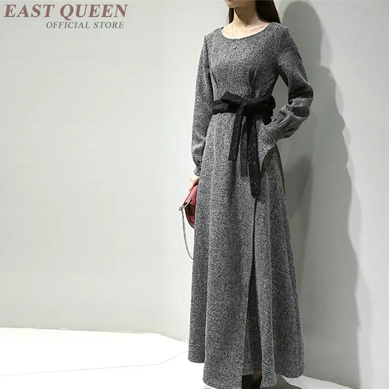 

Women grace long dress in autumn elegant tunic solid dress sashes lantern sleeve o-neck bodycon ankle length dress DD316 F