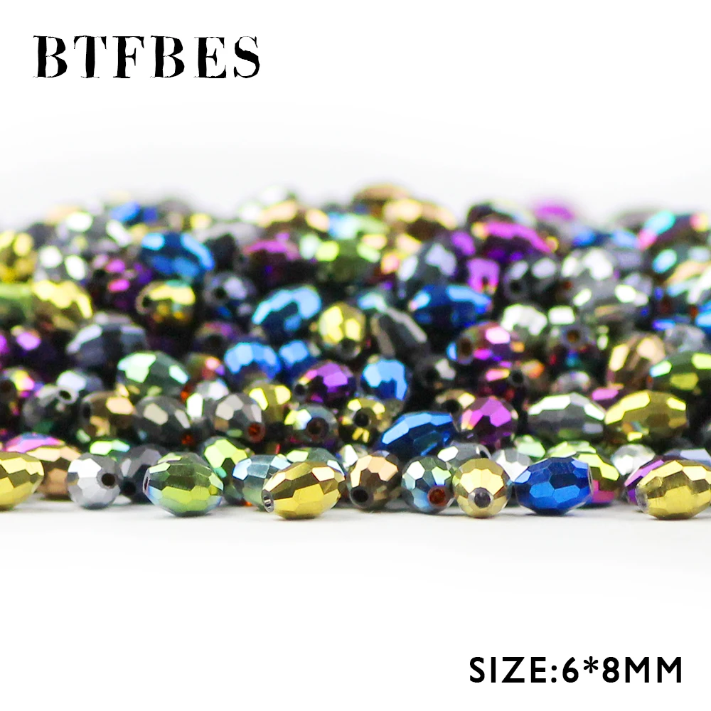 BTFBES Rice Grains Austrian Crystal Beads 50pcs 6*8mm Plated Color Oval Shape Loose Spacer Round Beads For Jewelry Making DIY