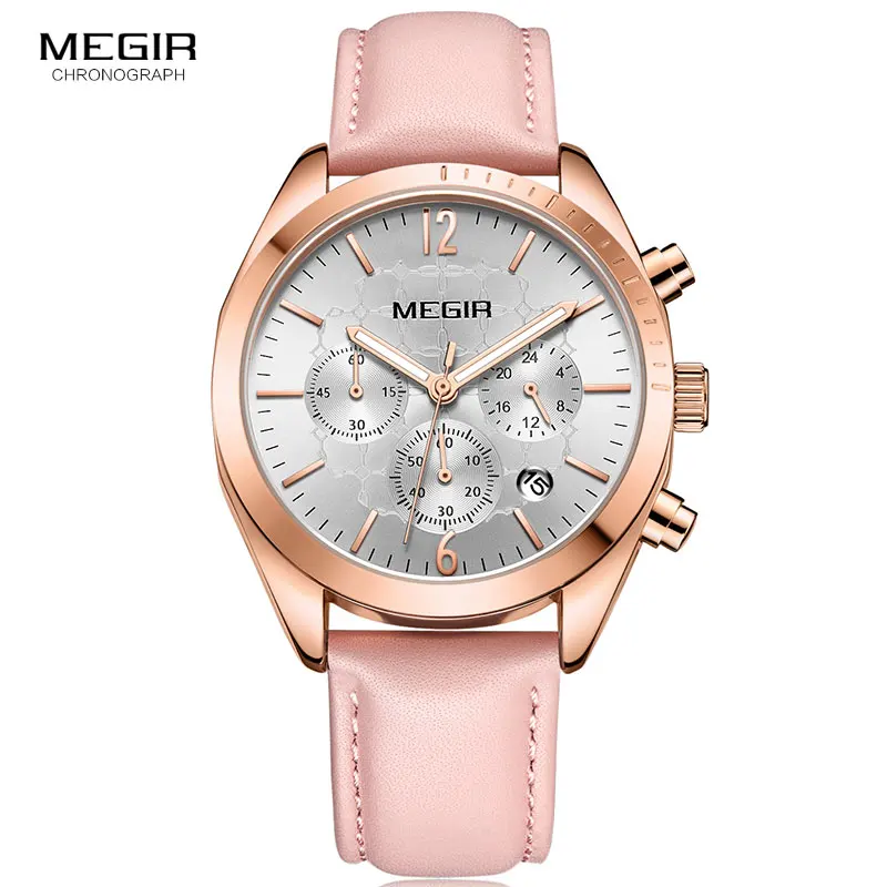 Megir Women\'s Leather Quartz Watches Chronograph Clock 24 Hours Waterproof Wristwatch for Lady Girl Relogios Femininos 2115 Pink