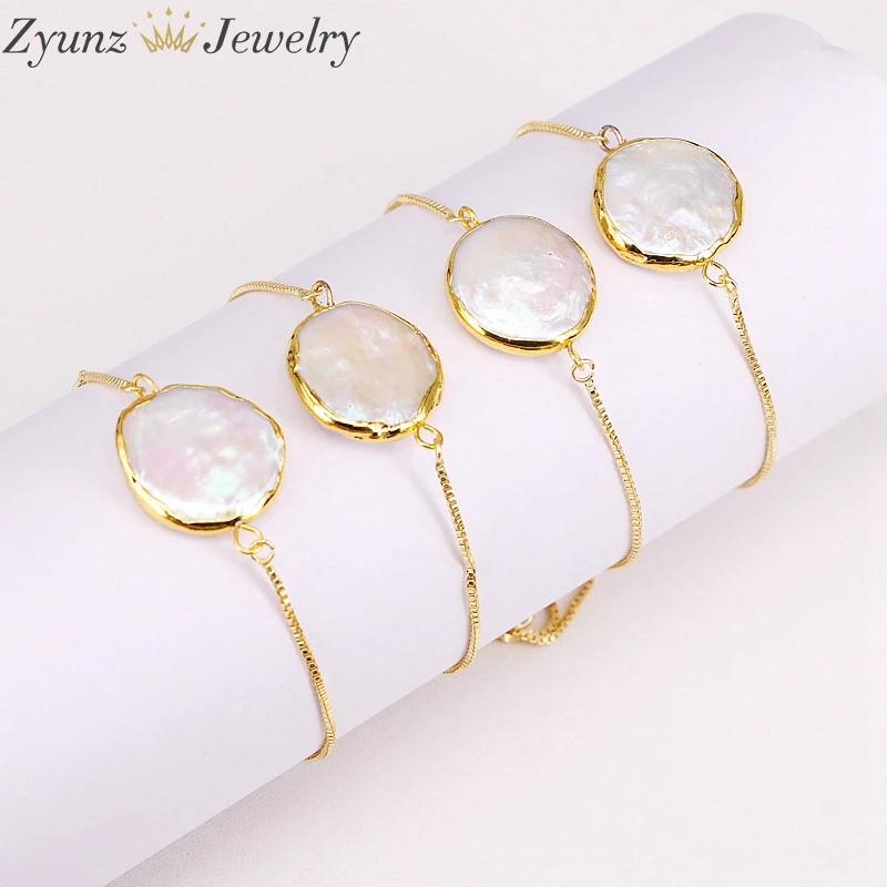 

10PCS ZYZ294-0103 Gold Chain Coin shape Pearl Charm Bracelet For Women Gift Natural Bead Freshwater Pearl Fashion Jewelry