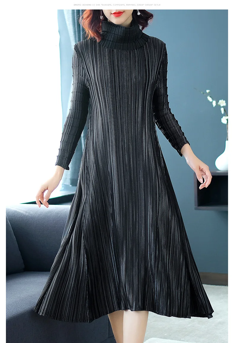 

HOT SELLING Miyake office lady dress wrist turtleneck fold solid dress fashion IN STOCK