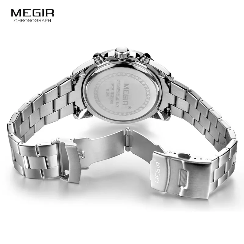 Megir Mens Chronograph Stainless Steel Quartz Watches Fashion Waterproof Luminous Round Dial Wristwatch for Man with Date M2030