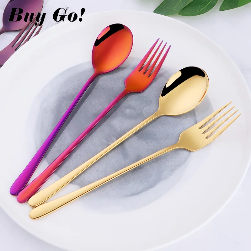 

2PC Korean 18/10 Stainless Steel Soup Spoon and Fork Set Gold Dinner Spoon Black Dinnerware Spoon Set Long Handle Kitchen Tools