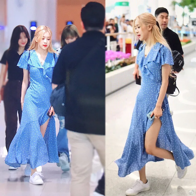 kpop ROSE same Blue wave point V-neck irregular ruffle dress summer korean streetwear sexy dresses women clothes