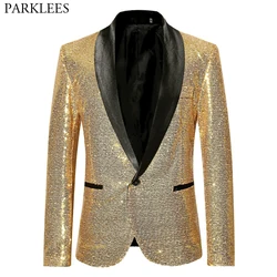 Parlak altın pullu Bling Glitter Suits & Blazer erkekler 2023 yeni şal yaka kulübü DJ Mens Blazer ceket sahne Singers ers şarkıcılar için Xxl