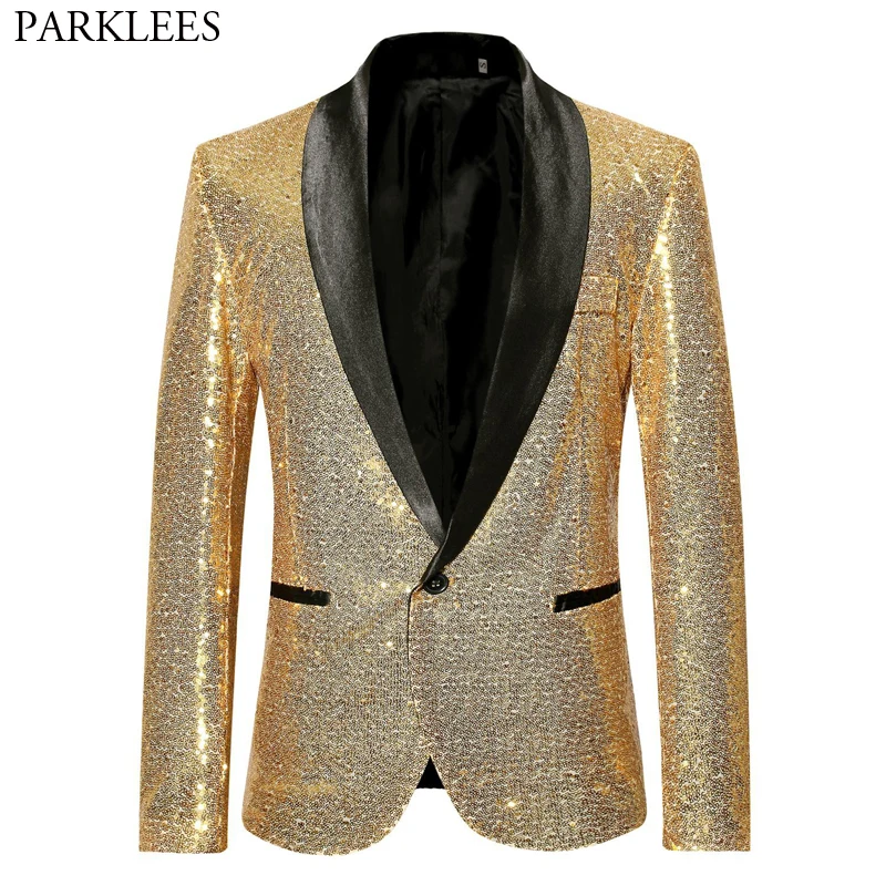 Shiny Gold Sequin Bling Glitter Suits&Blazer Men 2023 New Shawl Collar Club DJ Mens Blazer Jacket Stage Clothers for Singers Xxl