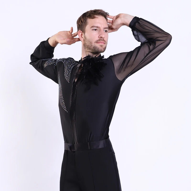 Latin Dance Shirts Men Rhinestone Net Yarn Long Sleeve Competition Men's Dance Top Cha Cha Rumba Samba Dancewear Mens DNV10992 image 4